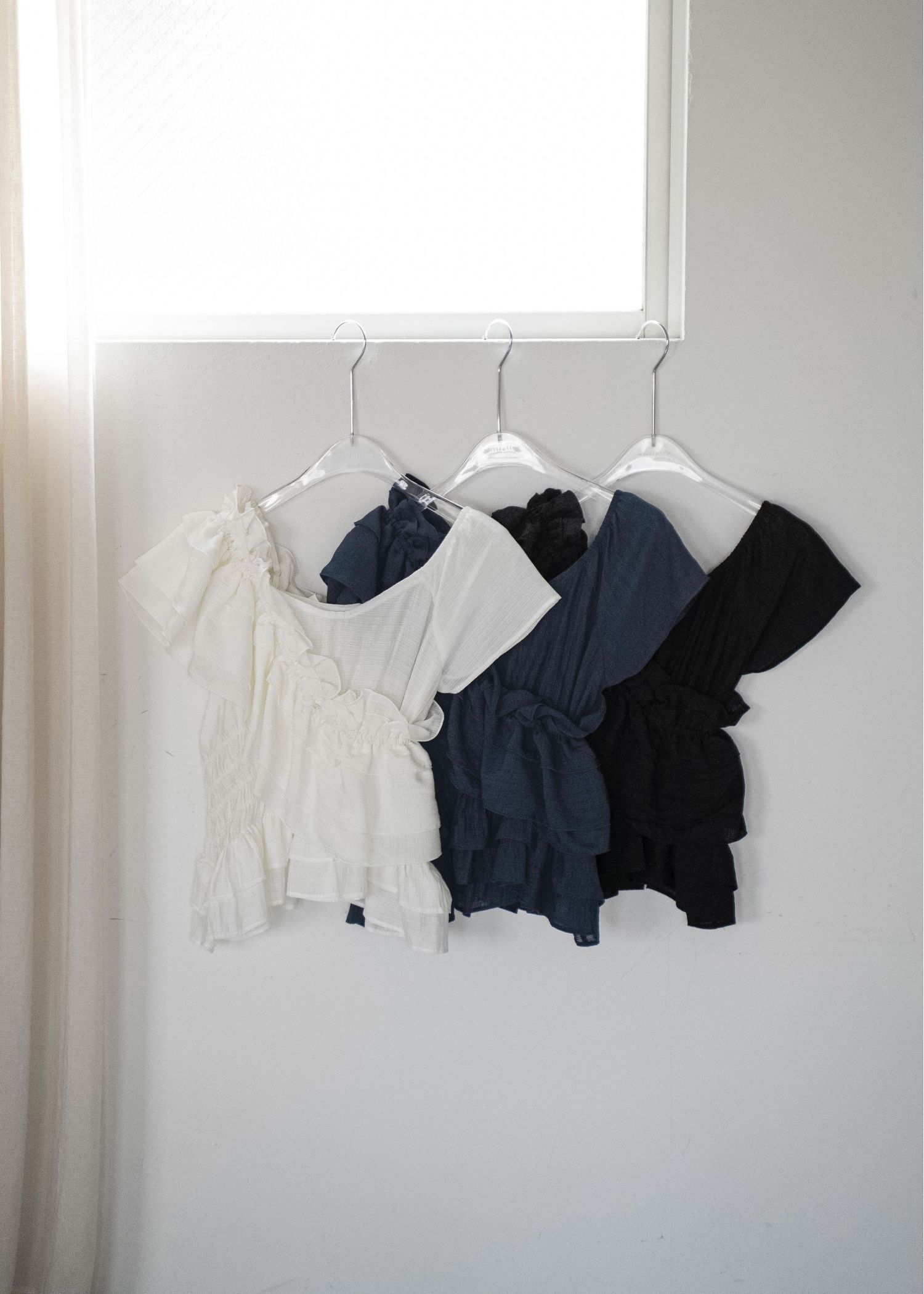 asymmetry tiered frill sheer shirring BL