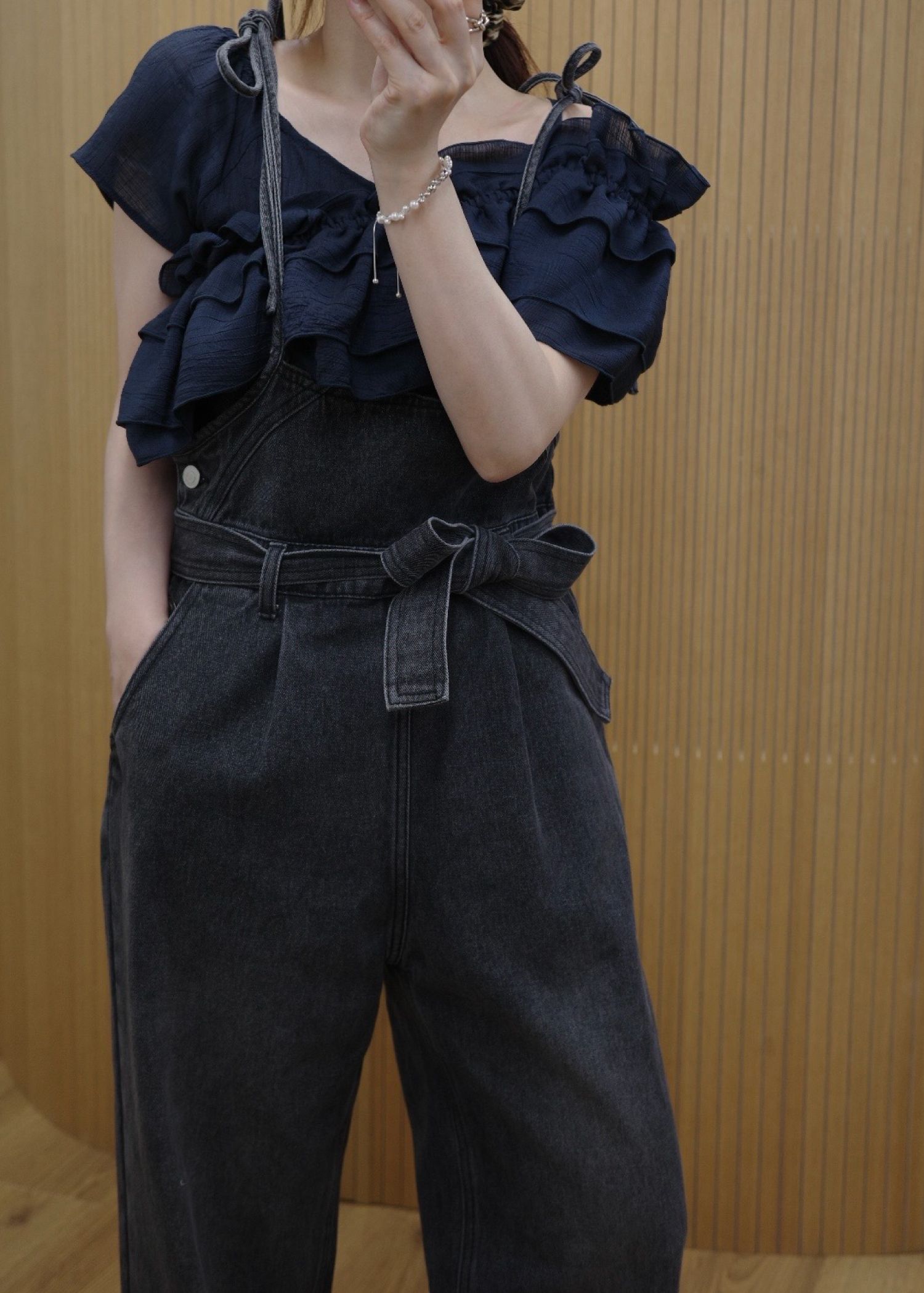 asymmetry tiered frill sheer shirring BL