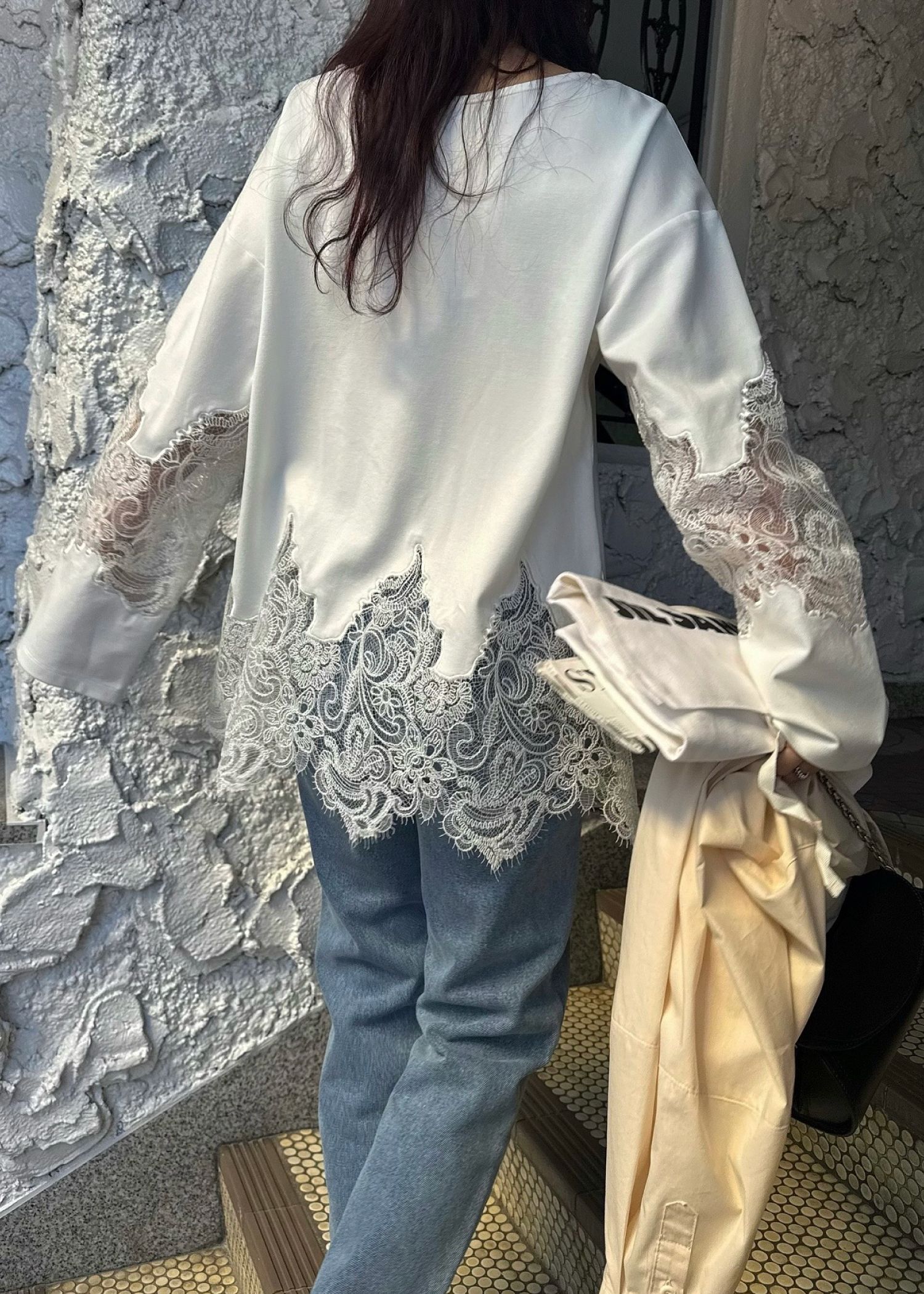 scallop lace sheer panel cut & sewn tops