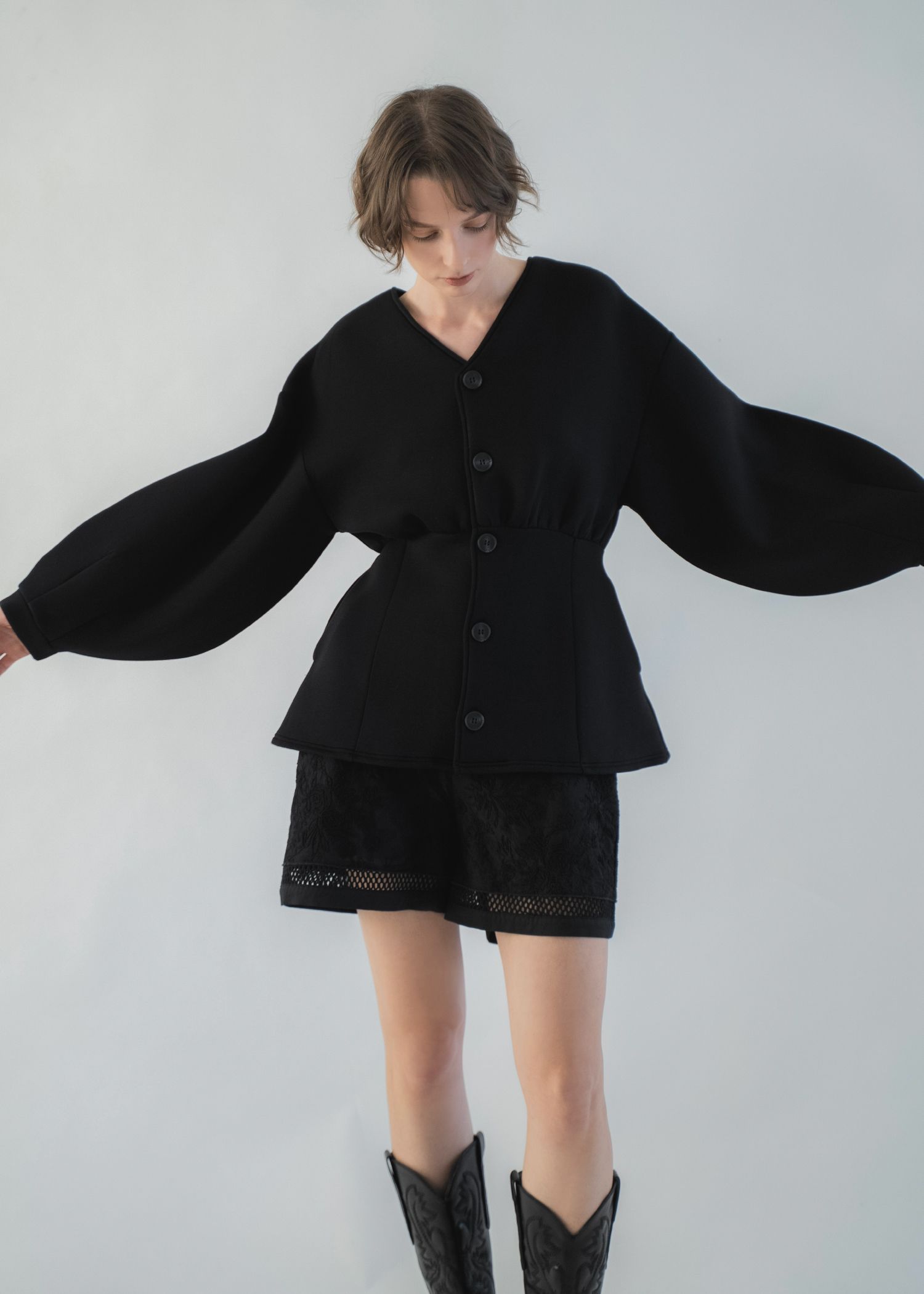 v neck volume sleeve peplum ponte tops