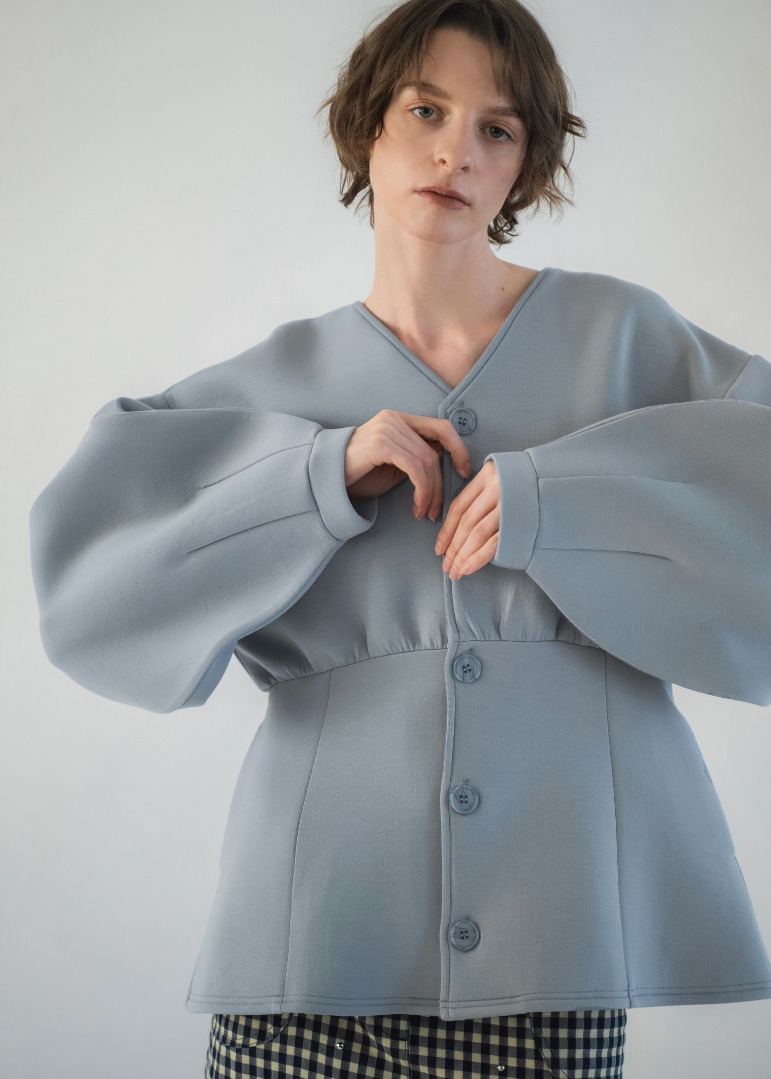 v neck volume sleeve peplum ponte tops