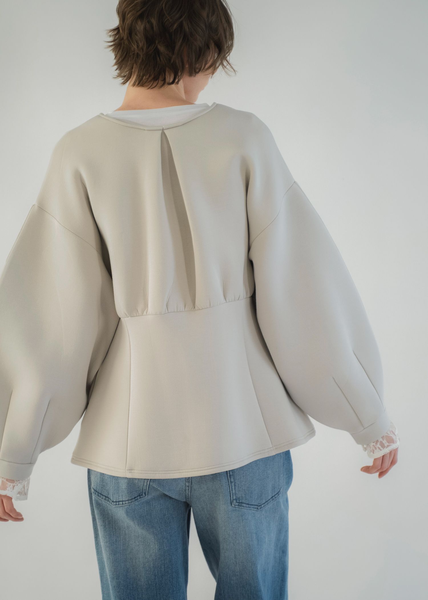 v neck volume sleeve peplum ponte tops