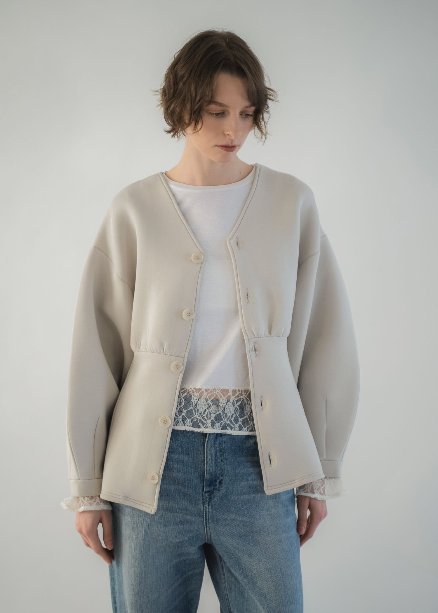 v neck volume sleeve peplum ponte tops