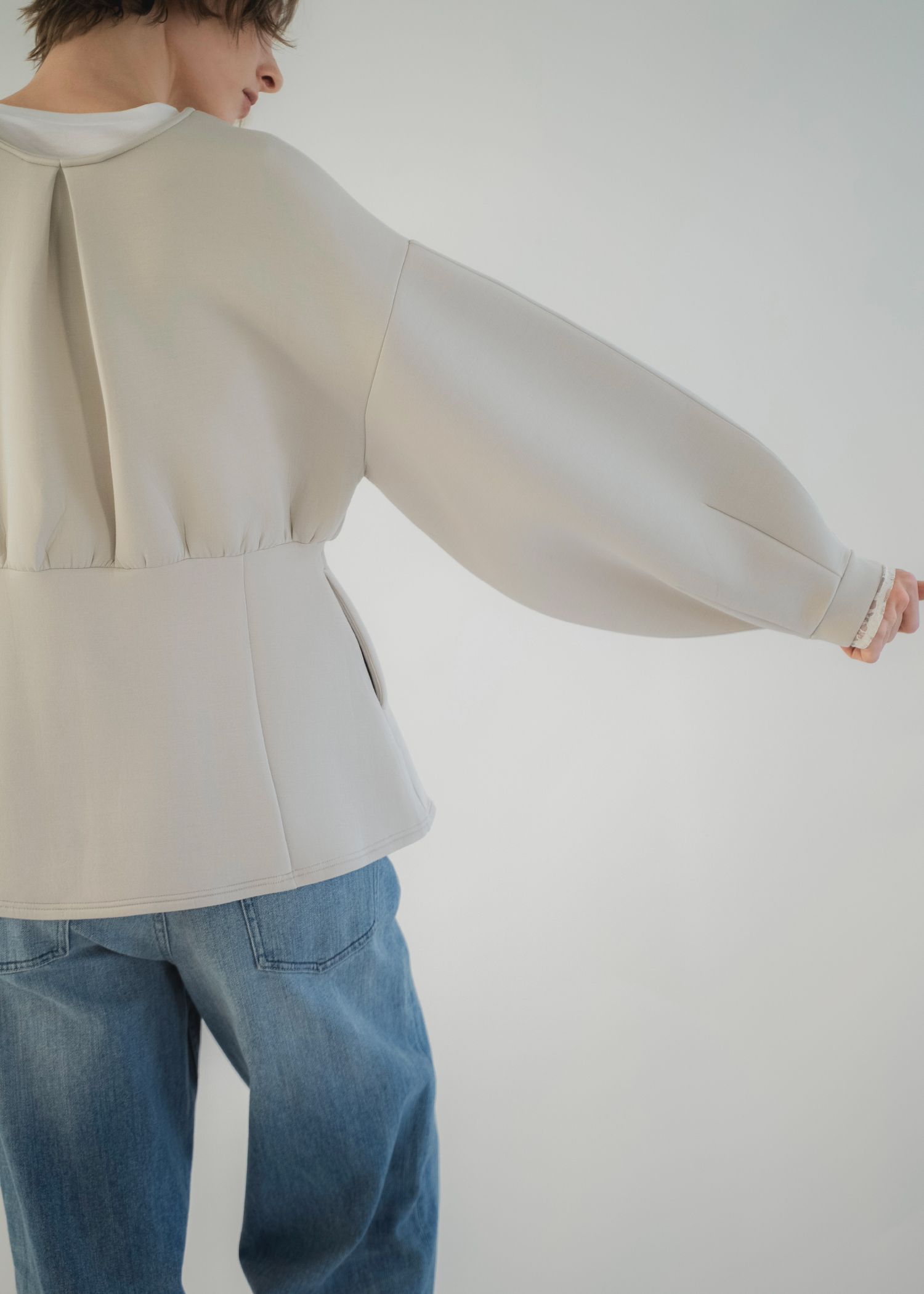 v neck volume sleeve peplum ponte tops