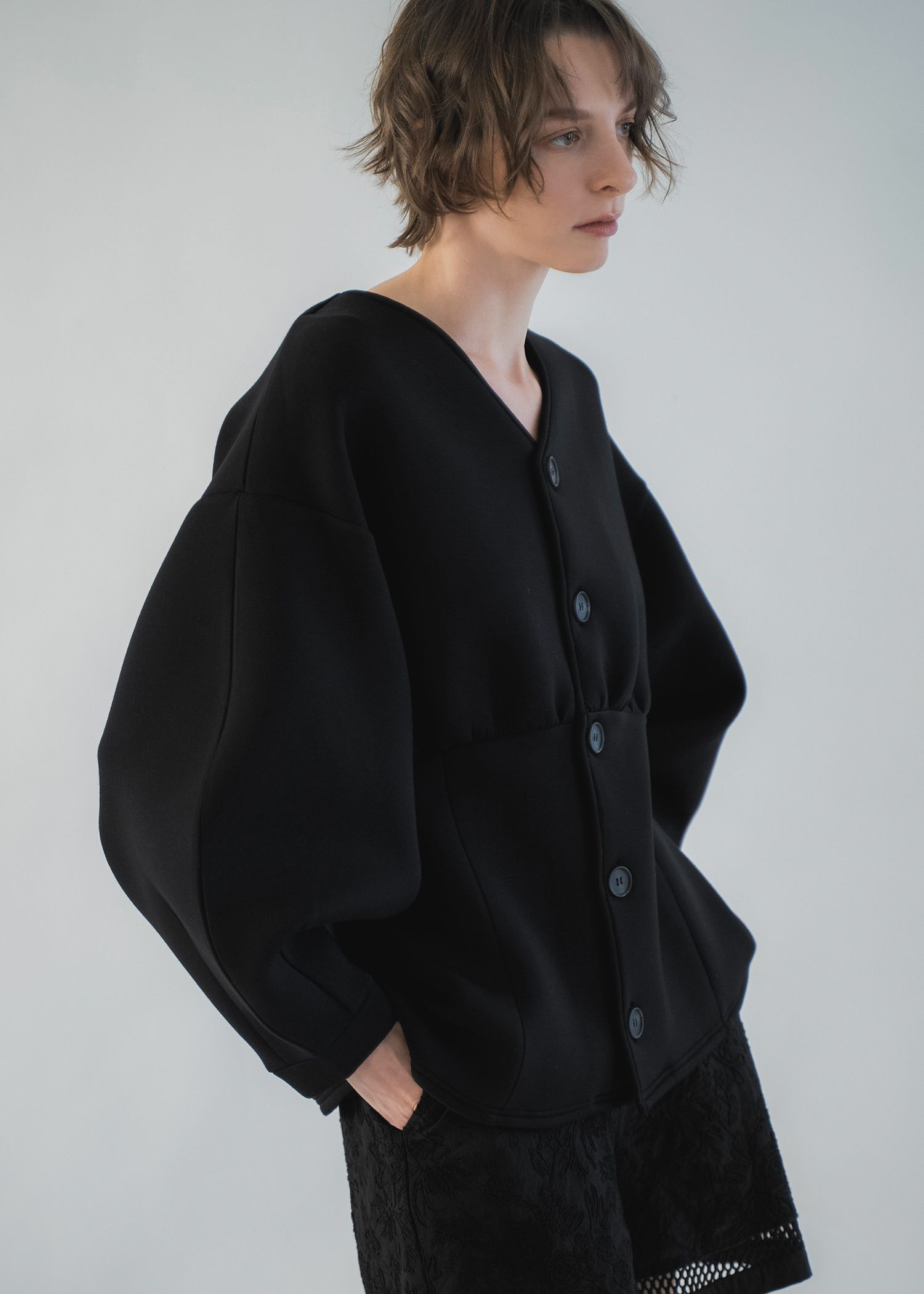 v neck volume sleeve peplum ponte tops