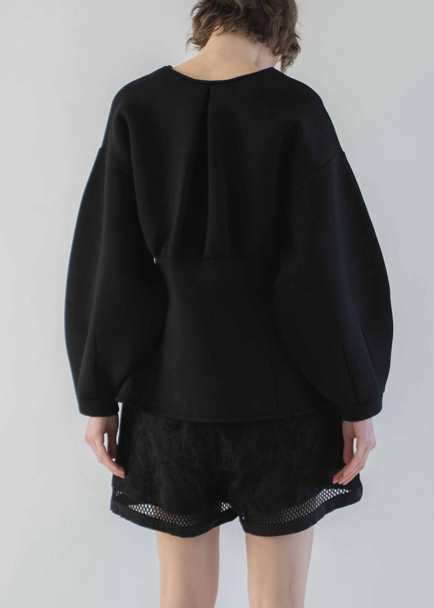 v neck volume sleeve peplum ponte tops