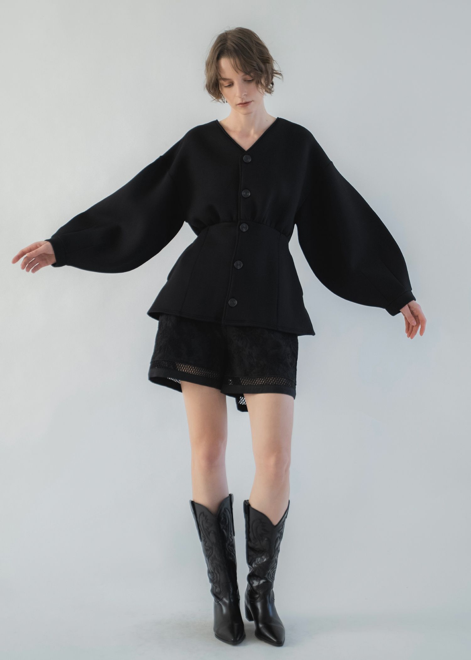 v neck volume sleeve peplum ponte tops