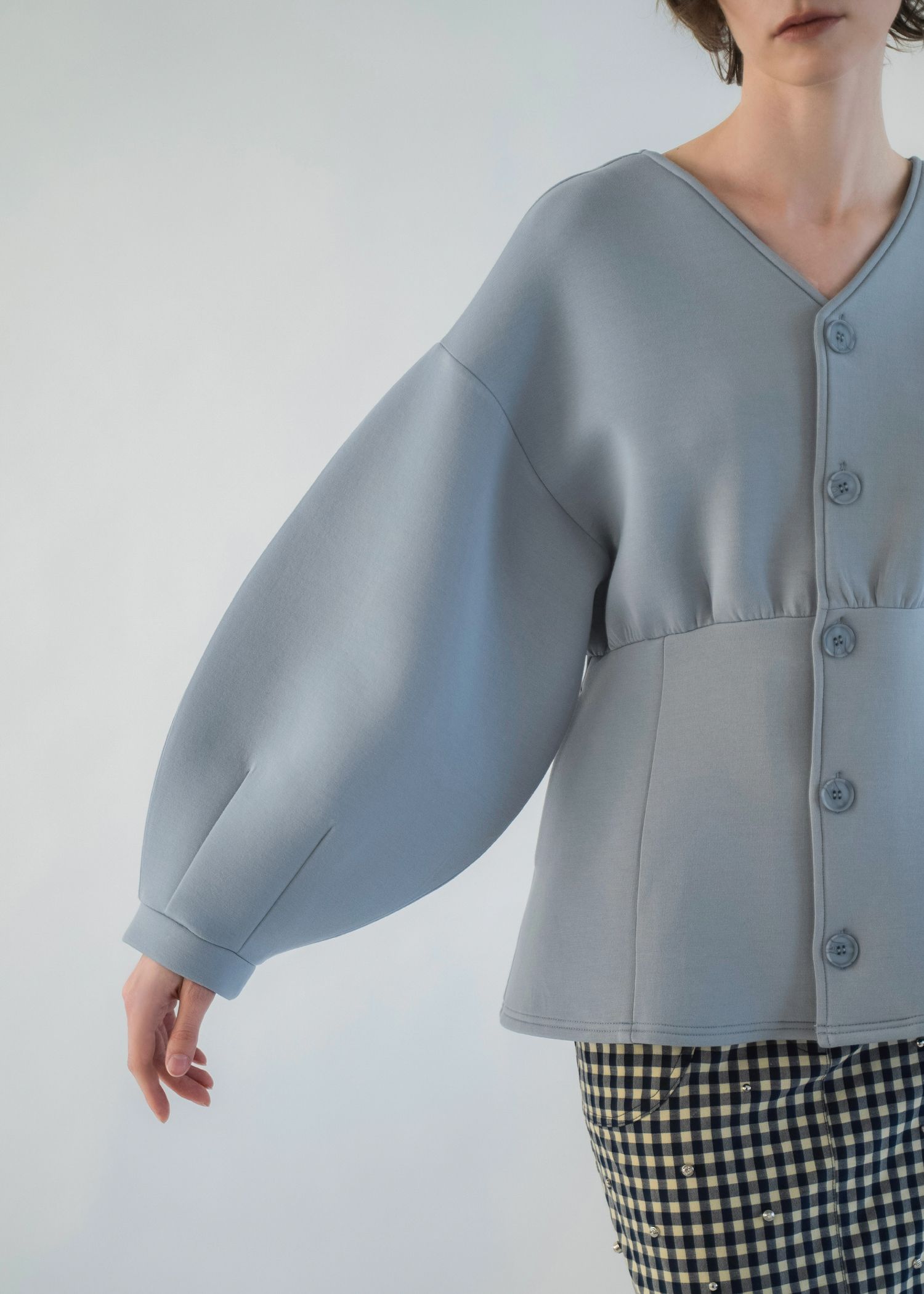 v neck volume sleeve peplum ponte tops