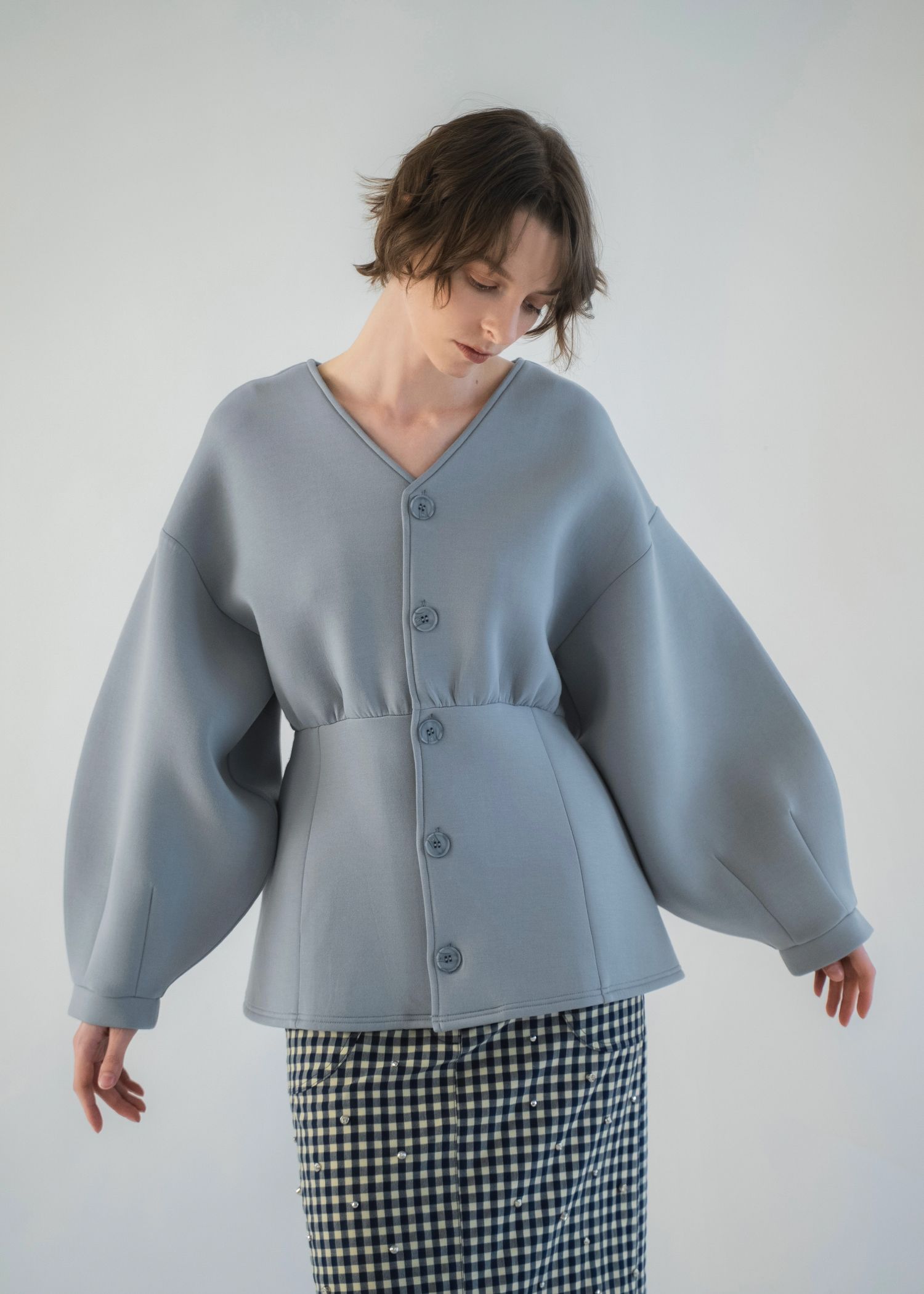 v neck volume sleeve peplum ponte tops