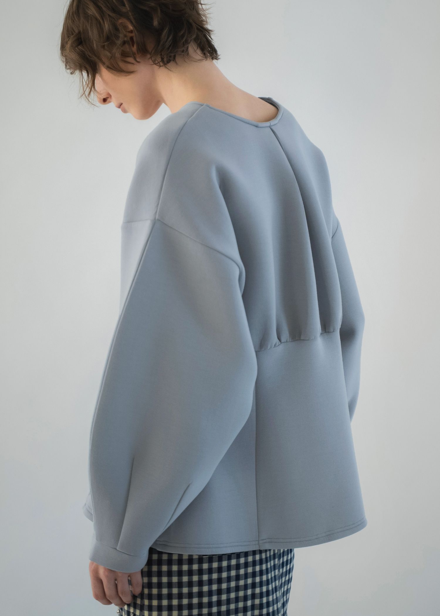 v neck volume sleeve peplum ponte tops