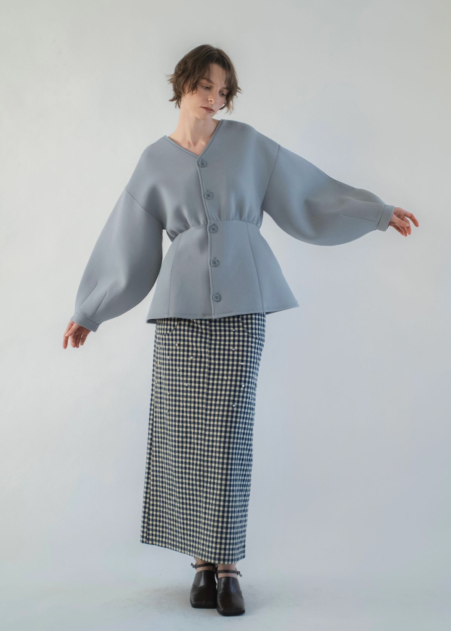 v neck volume sleeve peplum ponte tops