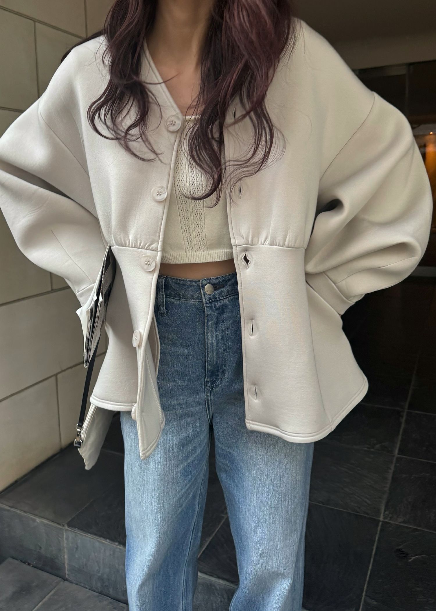 v neck volume sleeve peplum ponte tops