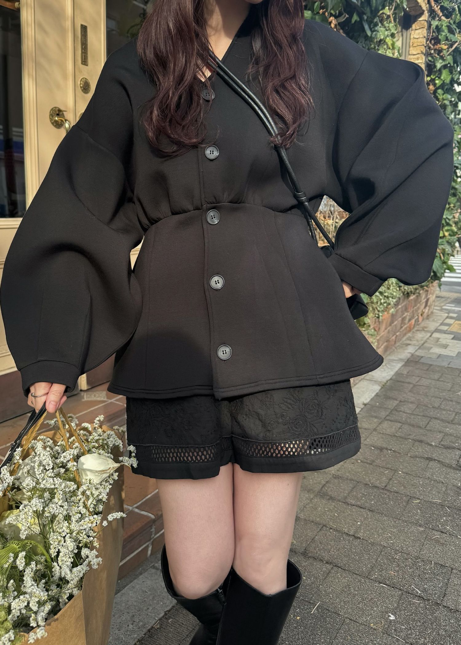 v neck volume sleeve peplum ponte tops