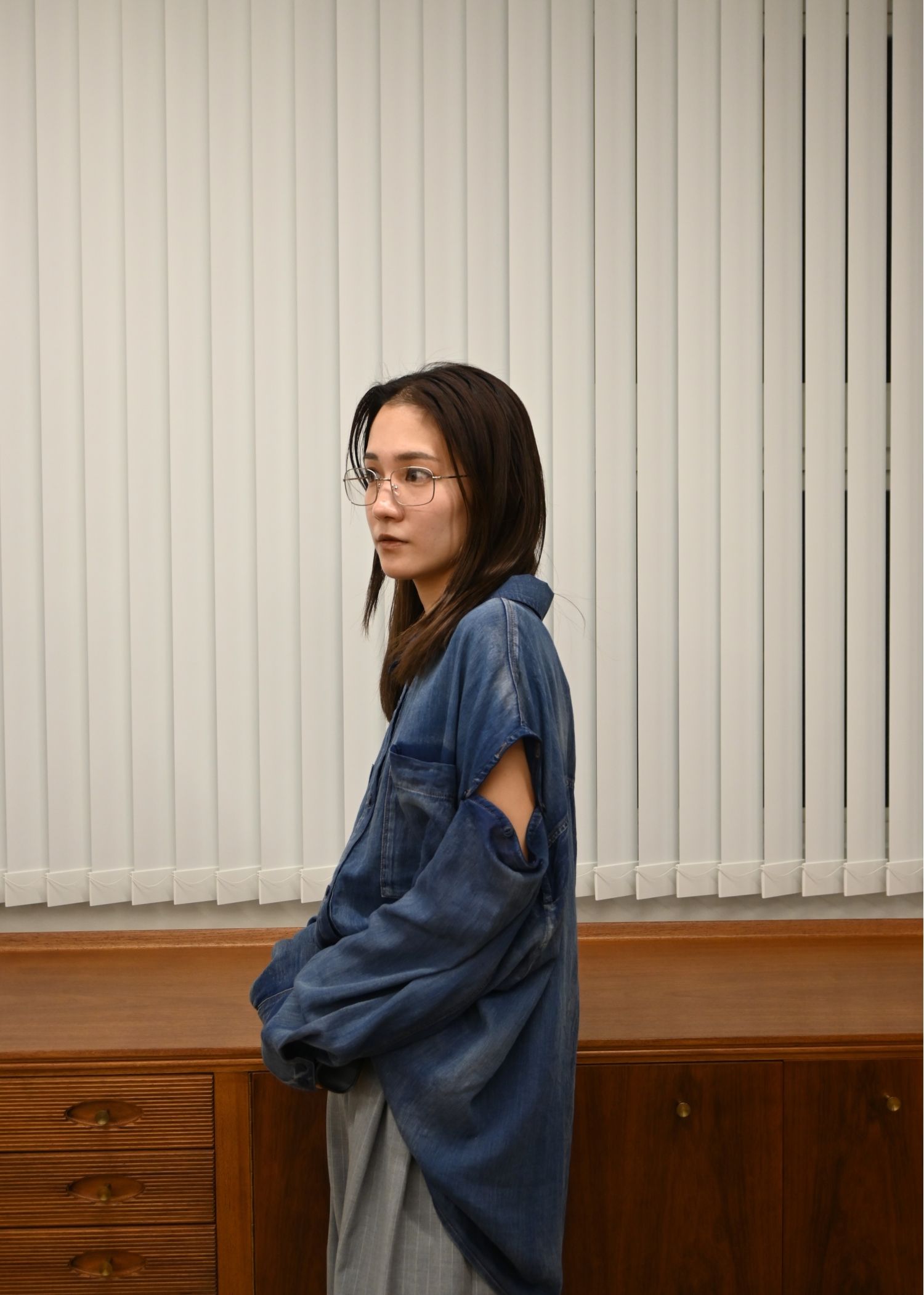 indigo gauze open shoulder oversize SH