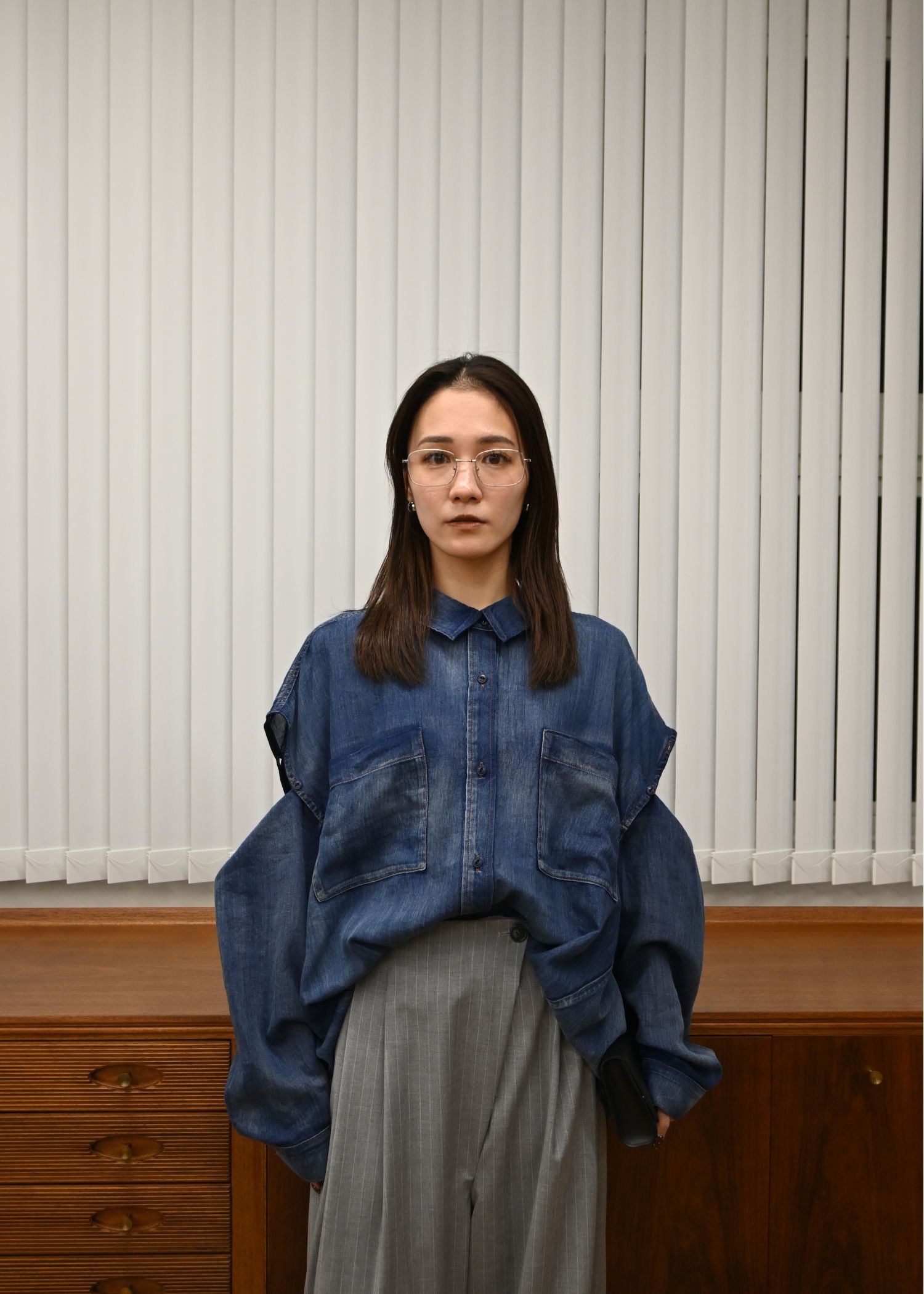 indigo gauze open shoulder oversize SH