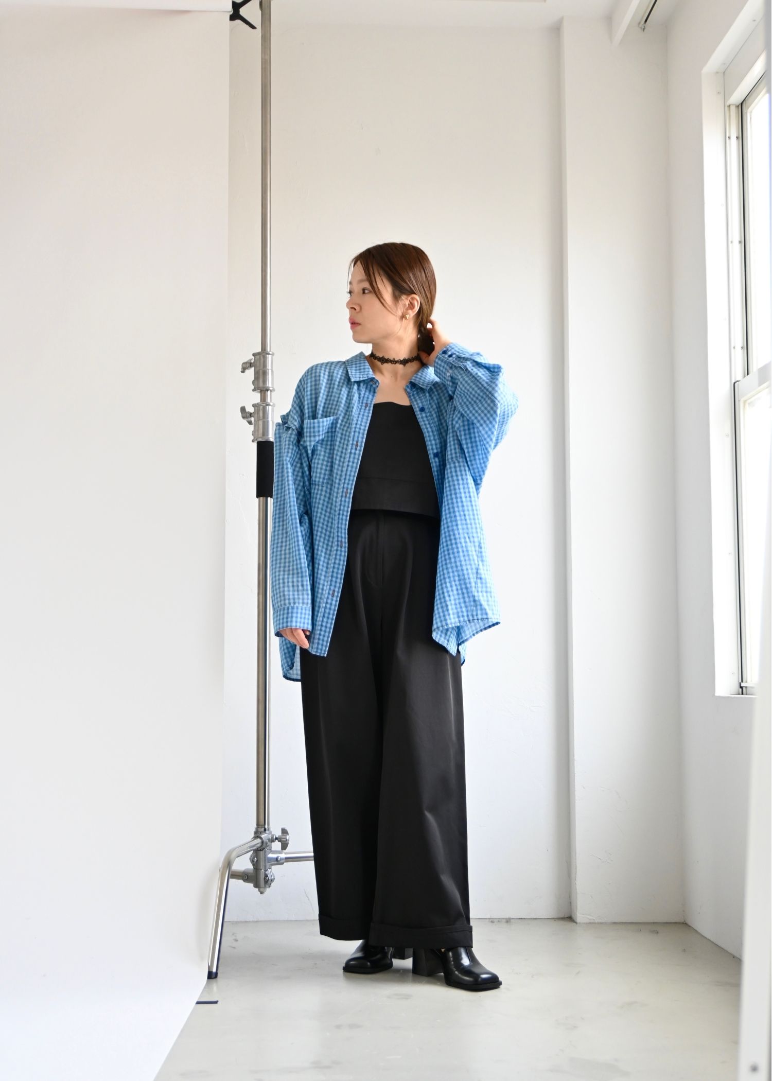 indigo gauze open shoulder oversize SH