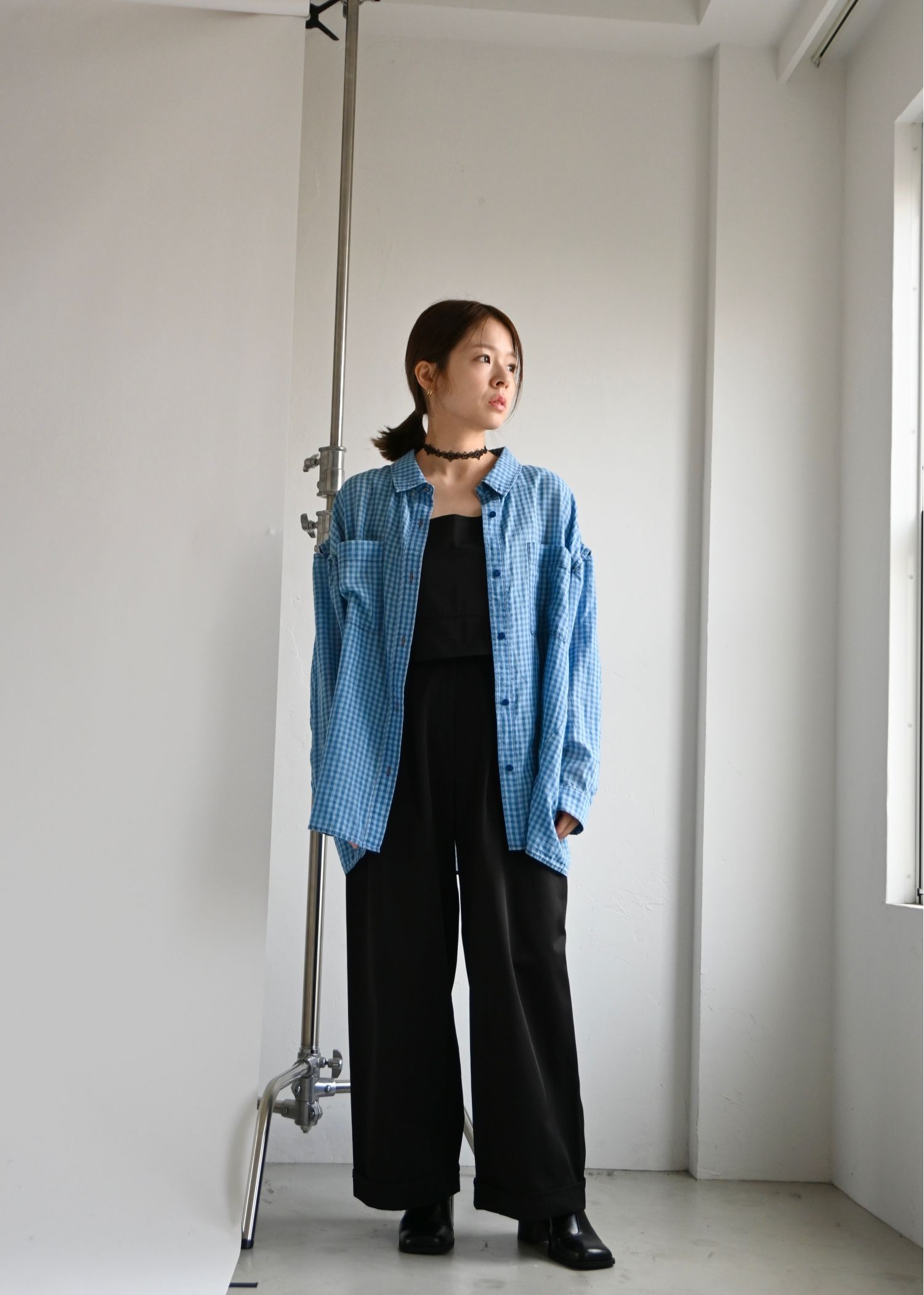 indigo gauze open shoulder oversize SH