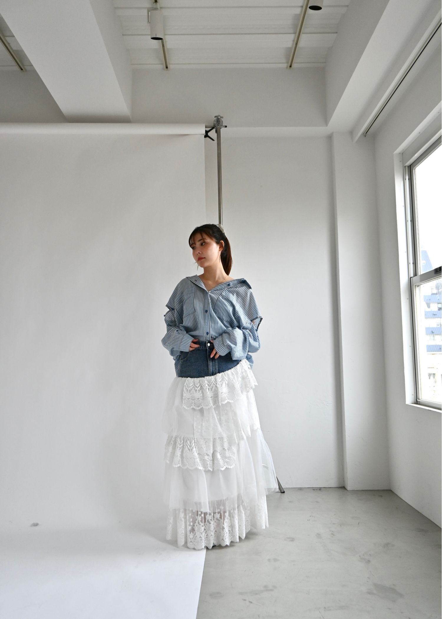 indigo gauze open shoulder oversize SH