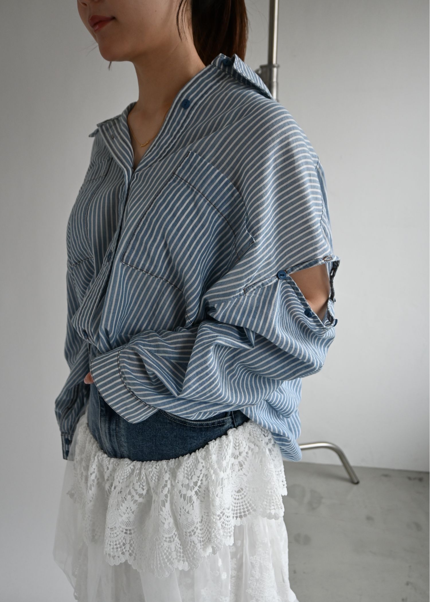 indigo gauze open shoulder oversize SH