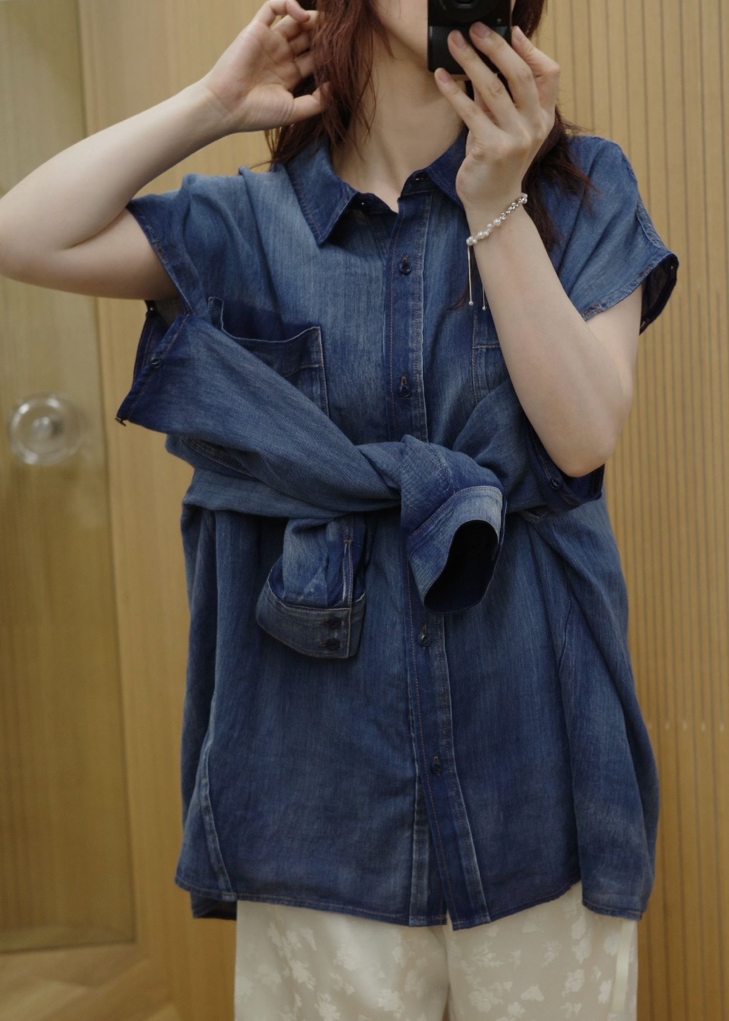 indigo gauze open shoulder oversize SH