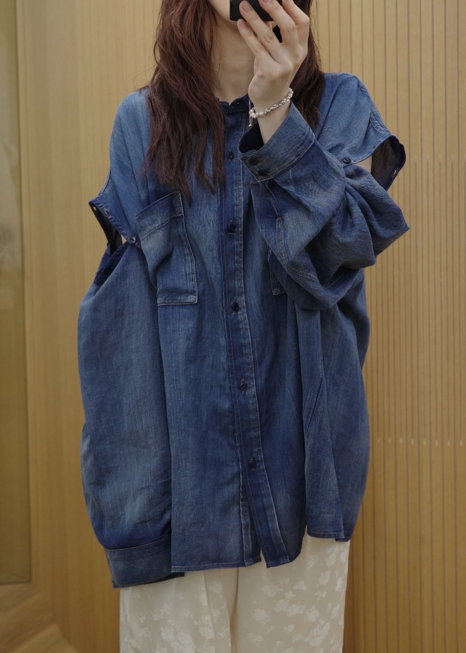 indigo gauze open shoulder oversize SH