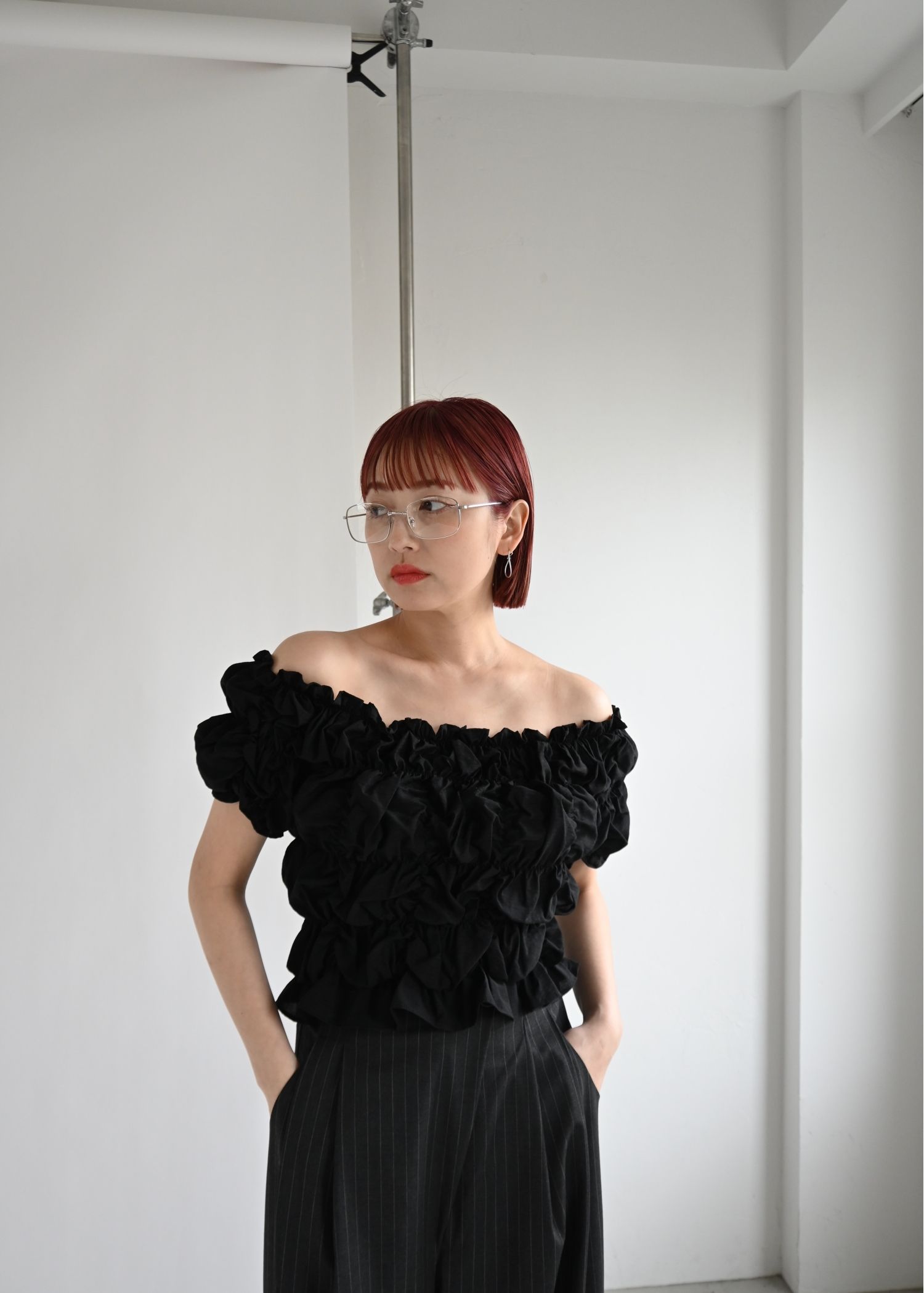 whip shirring stripe 2way tops