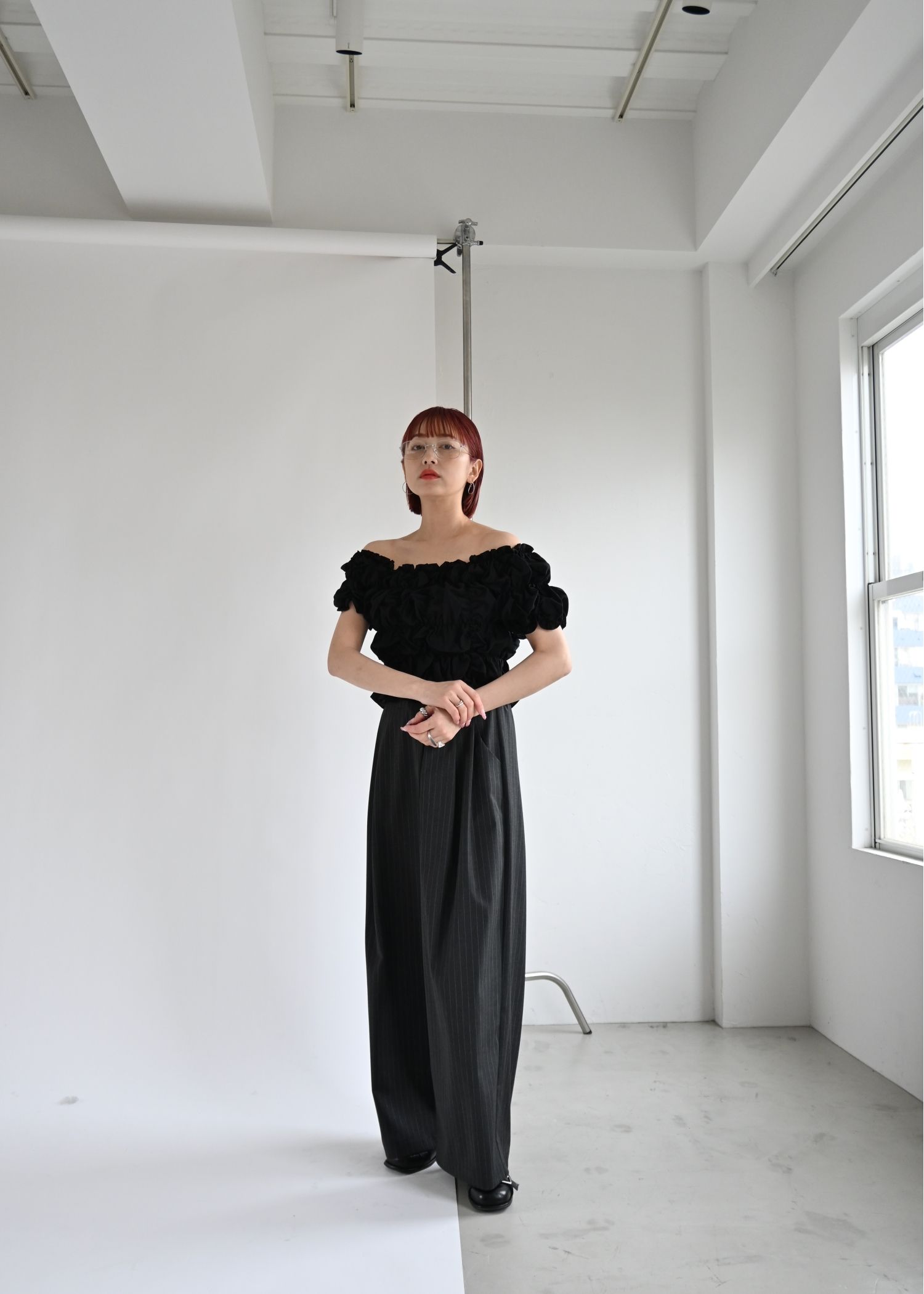 whip shirring stripe 2way tops