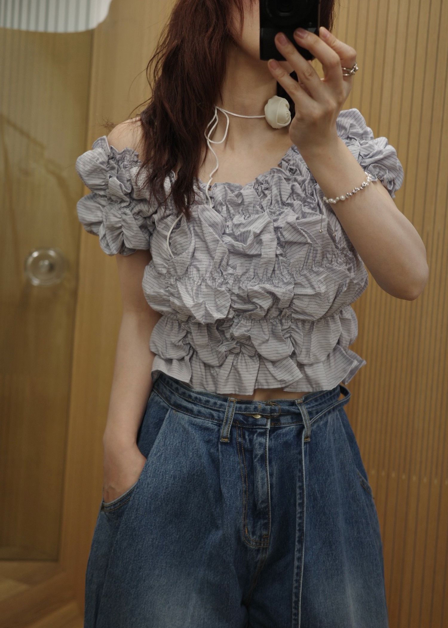 whip shirring stripe 2way tops