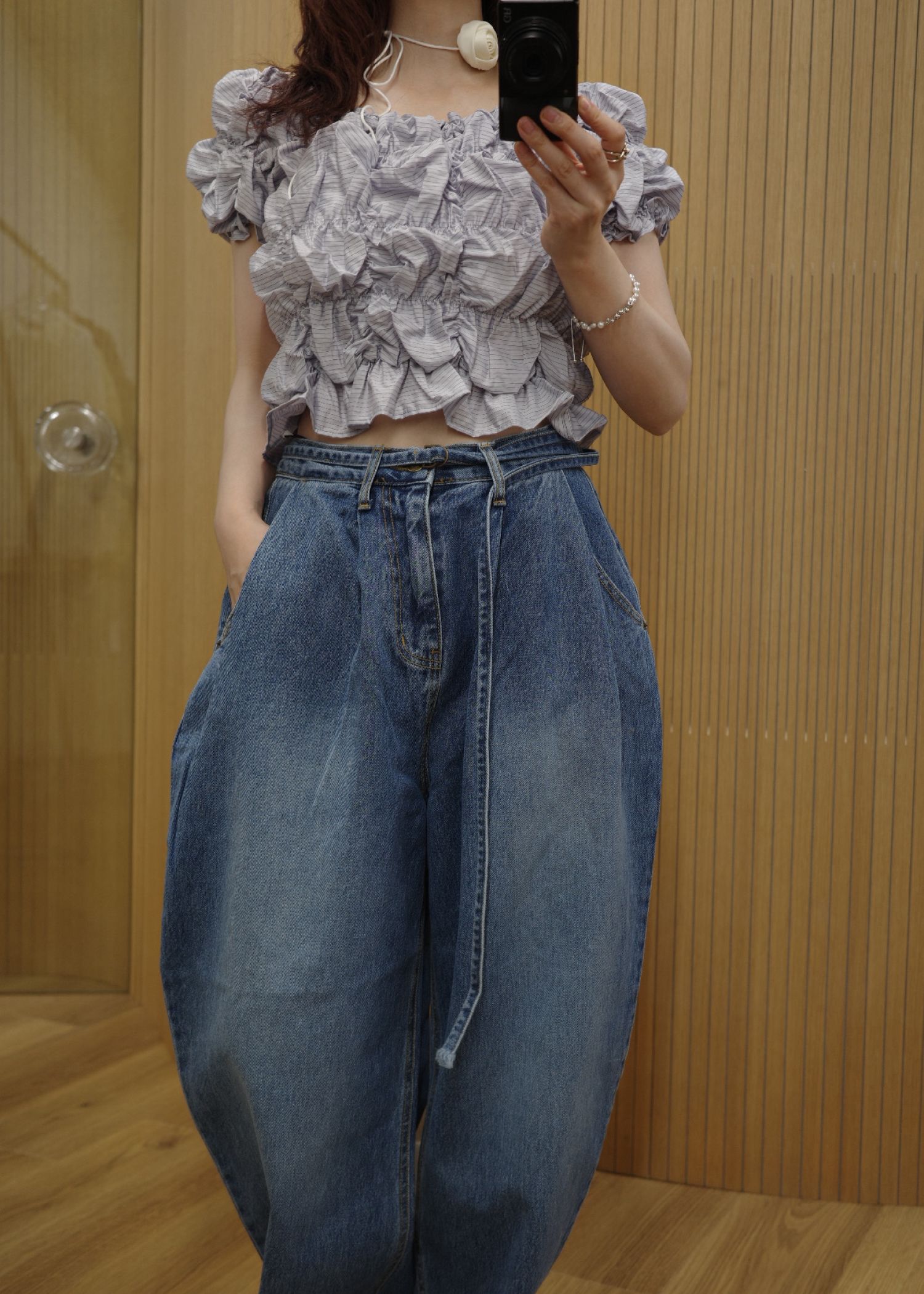 whip shirring stripe 2way tops